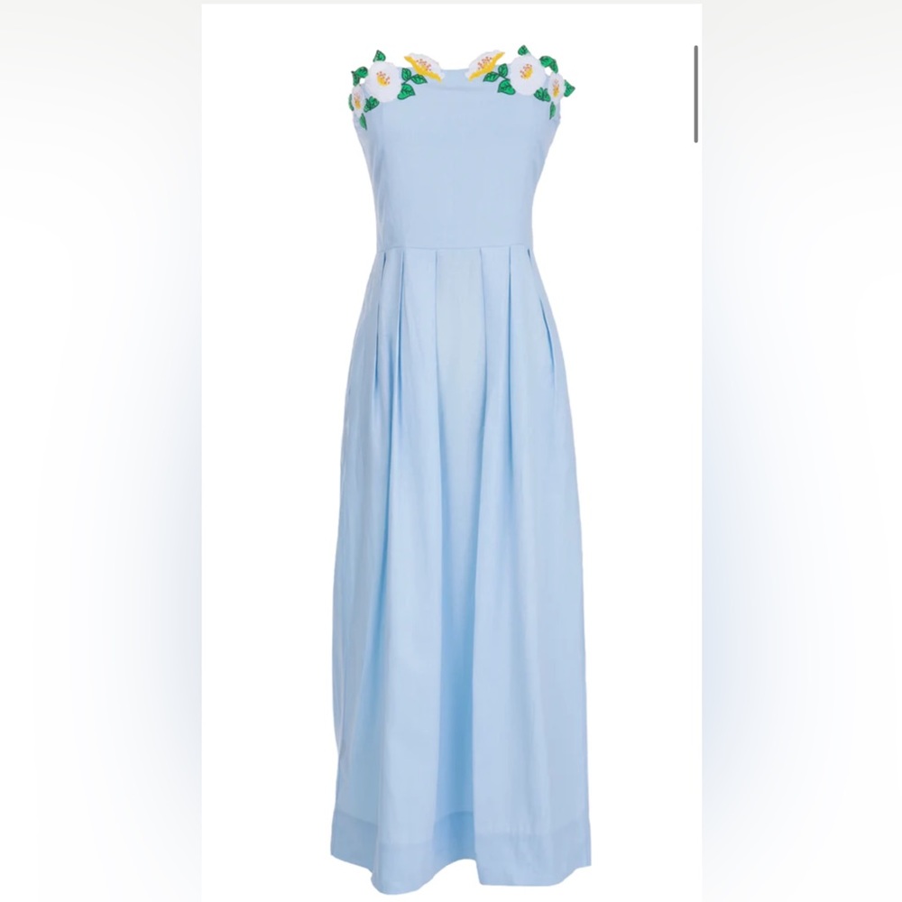 FANM Mon Lorr dress is light lagoon with yellow flowers. Size medium
